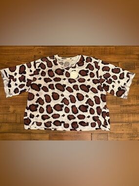 Umgee Women’s Long Sleeve Leopard Print Blouse in White, Brown & Black NWT